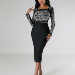 Women Sexy Long Sleeve Beaded Crop Top And Skirt Two-piece Set -Deals Toggenix Store 2b00b50d7b2c18f5