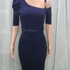 Women Clothes Slash Shoulder Metal Chain Strap Slit Office Dress With Belt -Deals Toggenix Store 2b3c5e1eb4ed1e43