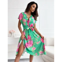 Women Summer V Neck Lace-up Printed Short-Sleeved Dress -Deals Toggenix Store 2b55cf5fc8e701a0