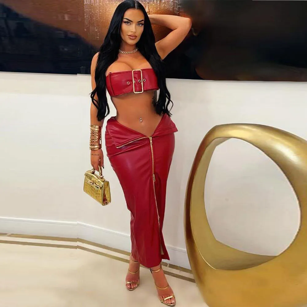 Sexy Leather Metal Buckle Tight Fitting Bodycon Skirt Set 5 Sexy Leather Metal Buckle Tight Fitting Bodycon Skirt Set - Image 5