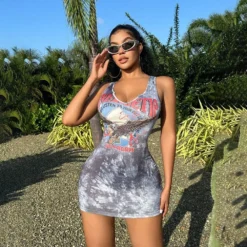 Women's Fashionable Sexy Slim Tank Dress Tie Dye Eagle Print Sleeveless Tight Fitting Dress -Deals Toggenix Store 2dce3c3052a8672e