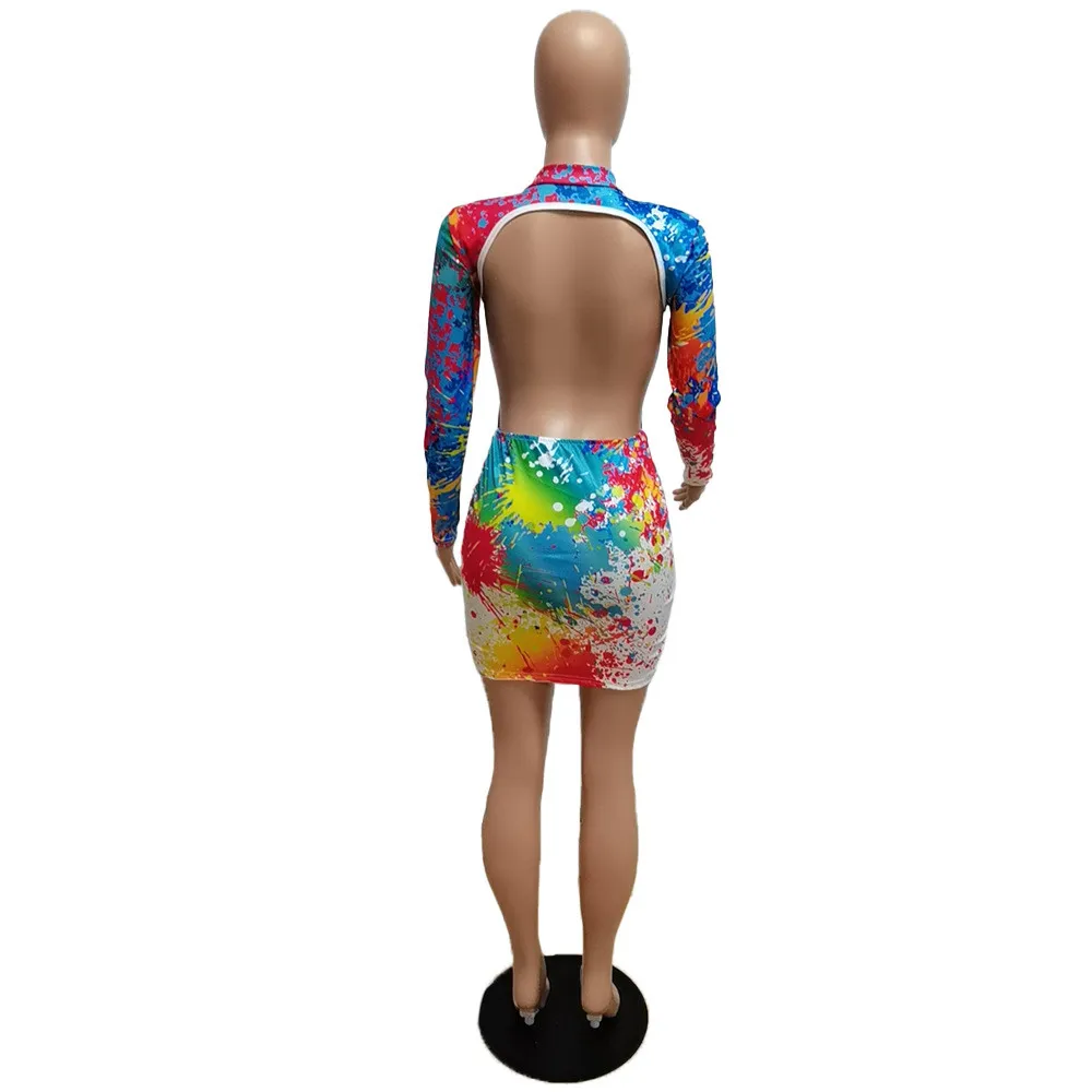 Cool Graffiti Bill Print Long Sleeve Low Back Nightclub Dress 10 Cool Graffiti Bill Print Long Sleeve Low Back Nightclub Dress - Image 10