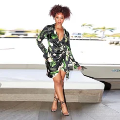 Women Printed V-neck Tie Waist Long Sleeve Irregular Dress -Deals Toggenix Store 2e8b510d8527e3c9