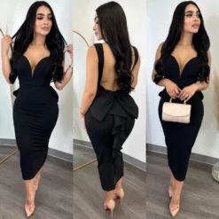 Chic Elegant Solid Color Low Back Deep V High Waist Bow Elastic Slit Bodycon Dress -Deals Toggenix Store 2f79c3b874135bad
