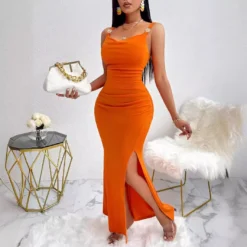 Women Sexy Solid Slit Strap Dress