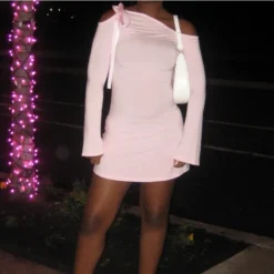 Women Spring Solid Slash Shoulder Strappy Off Shoulder Long Sleeve Dress -Deals Toggenix Store 317147d05cb5429f