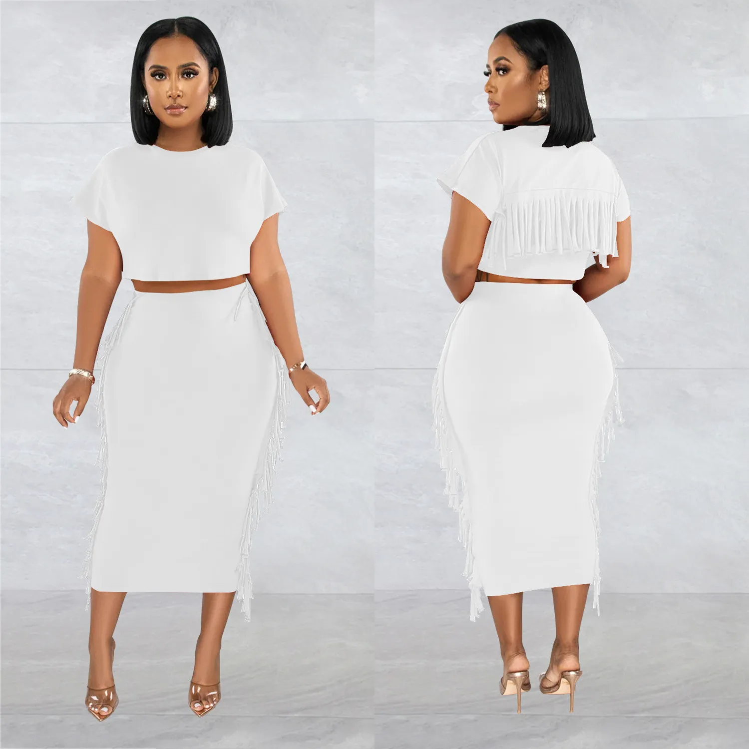 Women Solid Tassel Round Neck Short Sleeve Top And Long Dress Two-Piece Set 11 Women Solid Tassel Round Neck Short Sleeve Top And Long Dress Two-Piece Set - Image 11