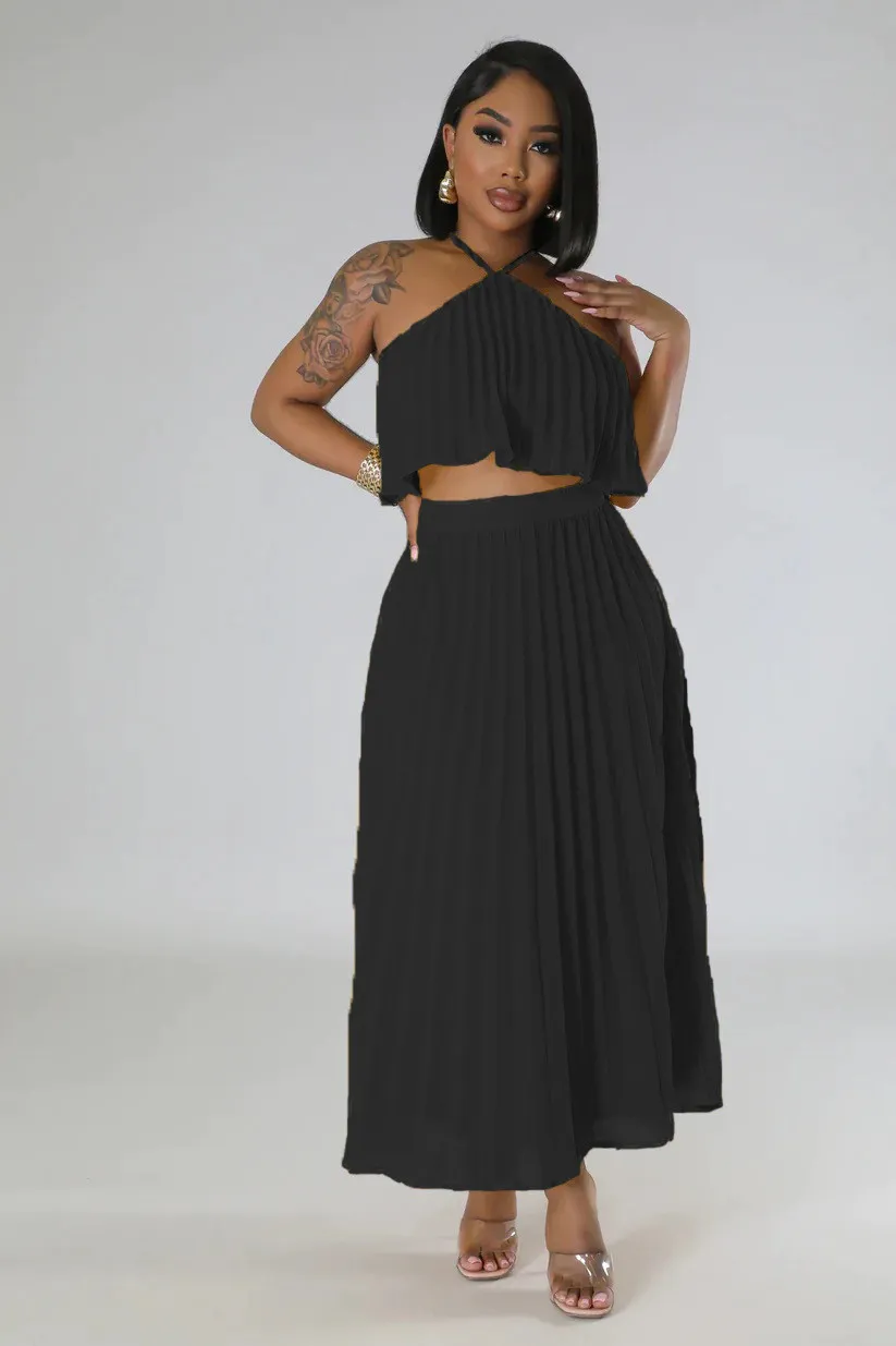 Women Summer Casual Solid Sleeveless Pleated Lace-Up Pleated Skirt 10 Women Summer Casual Solid Sleeveless Pleated Lace-Up Pleated Skirt - Image 10