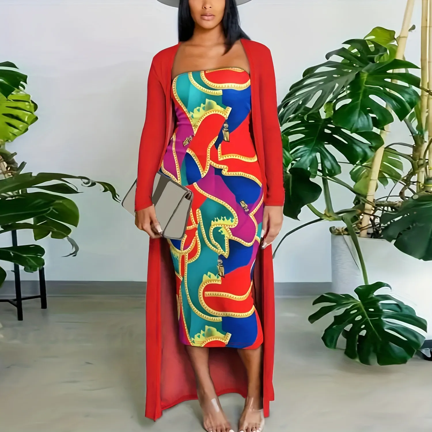 Strapless Printed Dress Long Jacket Two-Piece Set For Women 2 Strapless Printed Dress Long Jacket Two-Piece Set For Women - Image 2