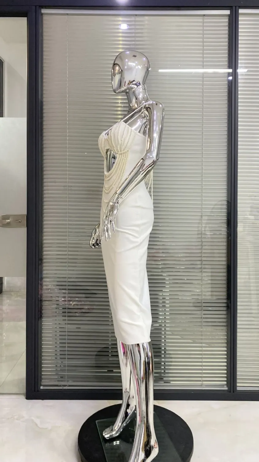 Gorgeous Beaded Sexy Cutout Strap Elegant Chic White Bandage Evening Gown 11 Gorgeous Beaded Sexy Cutout Strap Elegant Chic White Bandage Evening Gown - Image 11