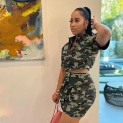 Women Solid Button Pocket Top And Camouflage Skirt Two-Piece Set -Deals Toggenix Store 35391a9d68984030