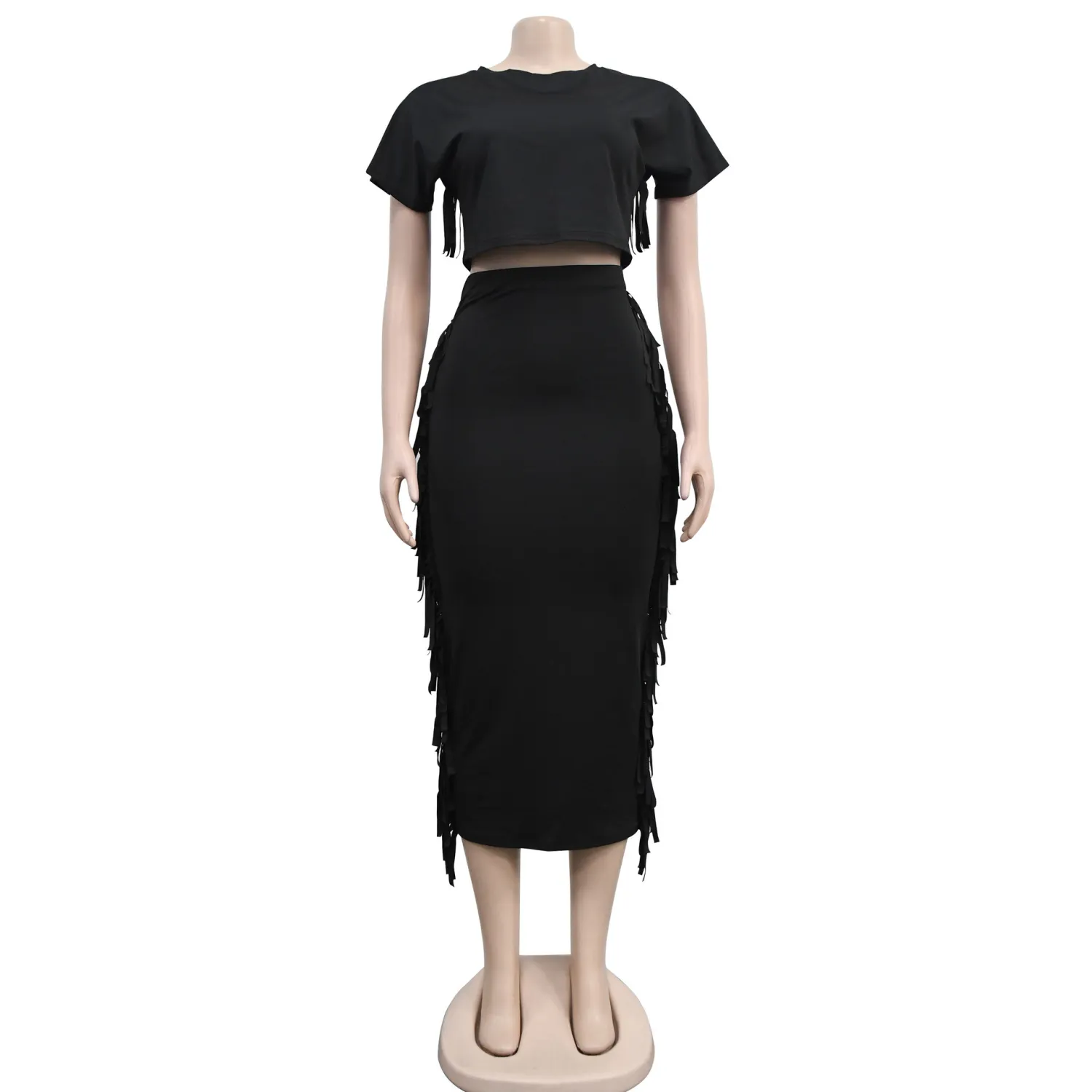 Women Solid Tassel Round Neck Short Sleeve Top And Long Dress Two-Piece Set 6 Women Solid Tassel Round Neck Short Sleeve Top And Long Dress Two-Piece Set - Image 6