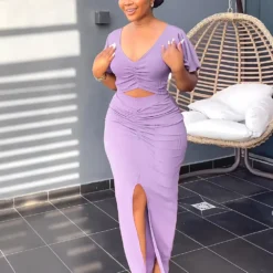 Women Ruffle Sleeve Crop V-Neck Top And Slit Bodycon Skirt Two-Piece Set -Deals Toggenix Store 36ddced2f892b084