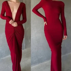 Women's Long-Sleeved Sexy Deep V-Neck Pleated Slim Long Dress 24 Women's Long-Sleeved Sexy Deep V-Neck Pleated Slim Long Dress -Deals Toggenix Store 374f2ce86288f1a3