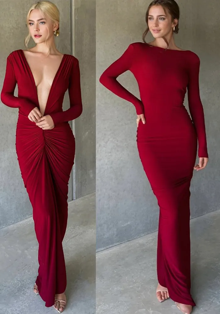 Women's Long-Sleeved Sexy Deep V-Neck Pleated Slim Long Dress 7 Women's Long-Sleeved Sexy Deep V-Neck Pleated Slim Long Dress - Image 7