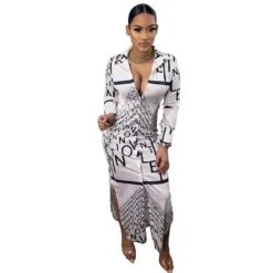 Women Letter Irregular Print Turndown Collar Long Sleeve Maxi Dress -Deals Toggenix Store 37e3b51b7efc9aa7