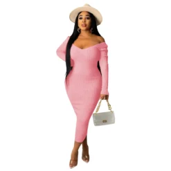V-Neck Off-Shoulder Ribbed Slim Sexy Dress -Deals Toggenix Store 381bacc0c19508ab