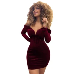 Women's Fashion Mesh Long Sleeve Off Shoulder V-Neck Velvet Strap Dress -Deals Toggenix Store 383bf110b49fb7e4