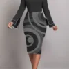 Women Long Sleeve Printed Patchwork Round Neck Elegant Bodycon Dress