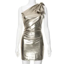 Women Sexy Bow One Shoulder Metallic Dress -Deals Toggenix Store 3978565de6b4a17d