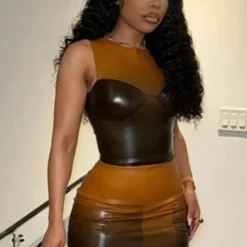 Summer Women's Fashionable Pu Vest High Waist Contrast Color Bodycon Skirt Two Piece Set -Deals Toggenix Store 3a19d73a8feee405