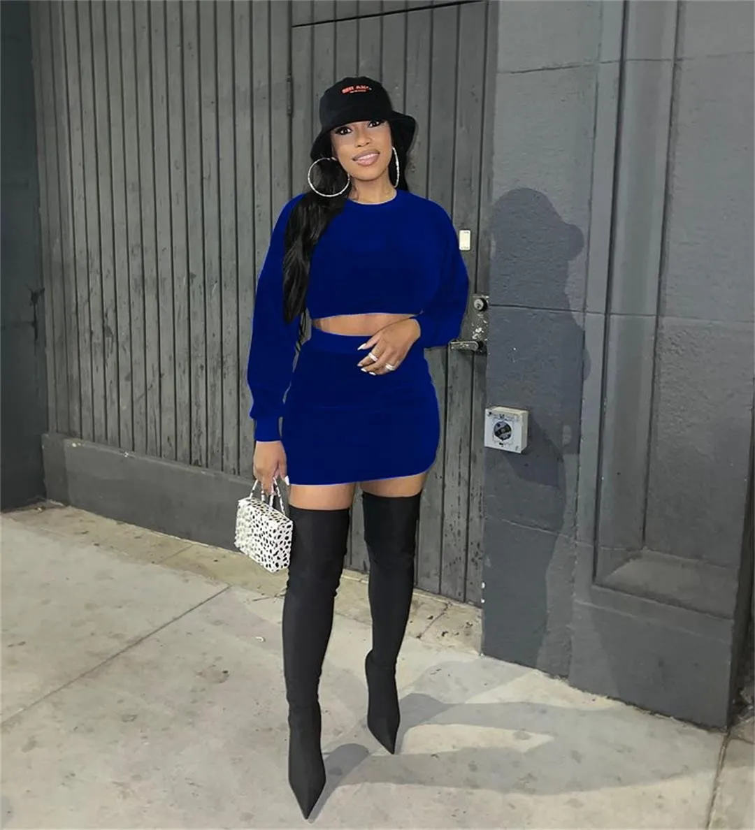 Women Velvet Long Sleeve Top And Mini Skirt Two Piece Set 9 Women Velvet Long Sleeve Top And Mini Skirt Two Piece Set - Image 9