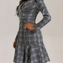 Plus Size Women Turndown Collar Double Breasted Plaid Print Career Dress -Deals Toggenix Store 3d0242f2c6ede5df