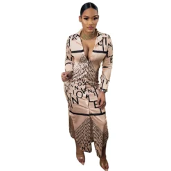 Women Letter Irregular Print Turndown Collar Long Sleeve Maxi Dress -Deals Toggenix Store 3dd632a73a29fb87