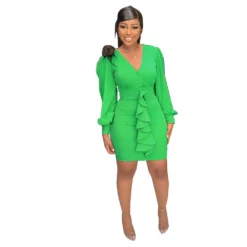 Women Solid Color Sexy V-Neck Ruffle Bodycon Dress -Deals Toggenix Store 3ddaef1f6581a917