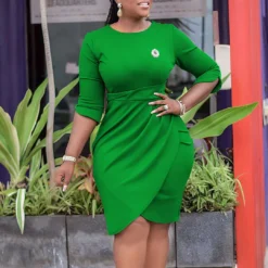 Plus Size Women Elegant Pleated Dress With Brooch -Deals Toggenix Store 3e4677763d480553