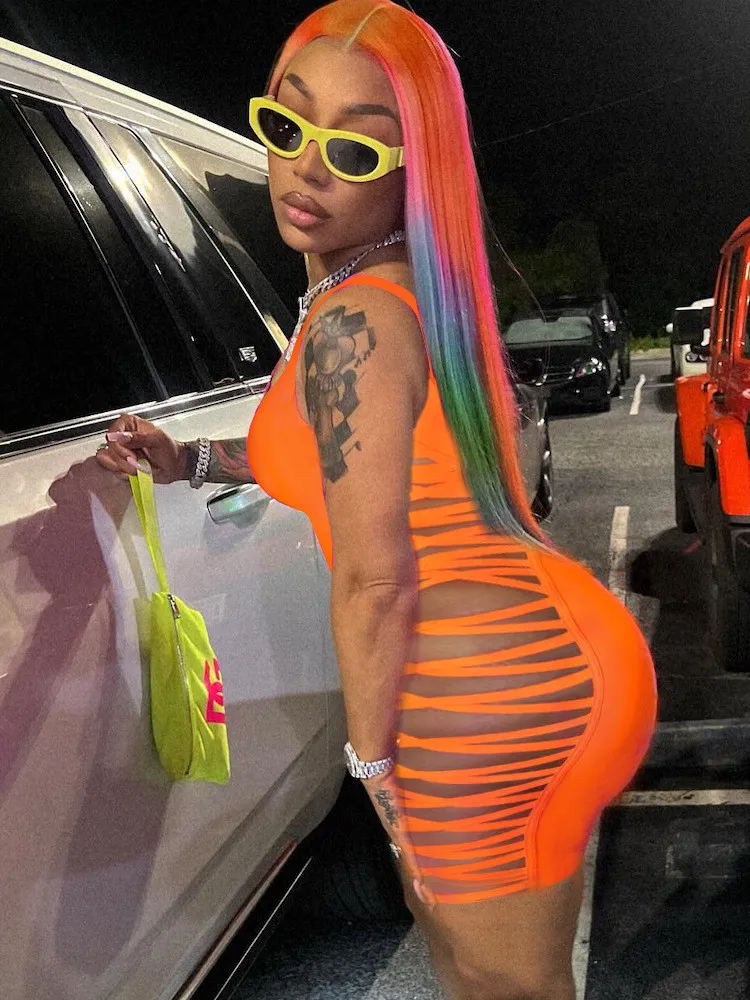 Summer Women Solid Sexy Side Cross Hollow Dress 4 Summer Women Solid Sexy Side Cross Hollow Dress - Image 4