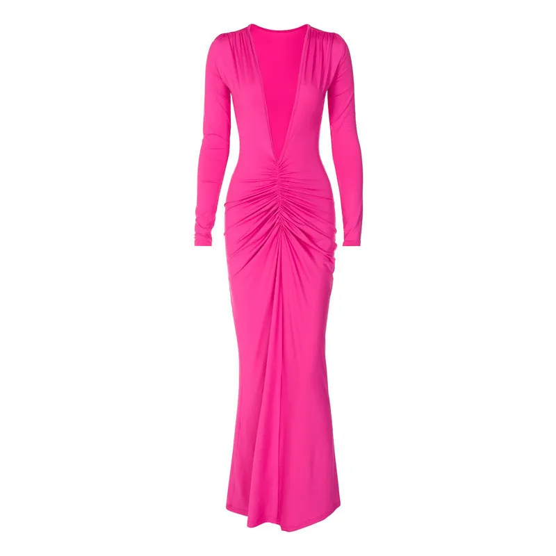 Women's Long-Sleeved Sexy Deep V-Neck Pleated Slim Long Dress 13 Women's Long-Sleeved Sexy Deep V-Neck Pleated Slim Long Dress - Image 13