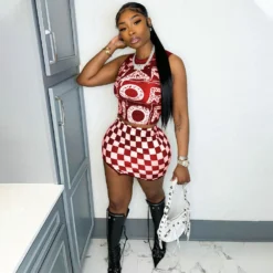 Women Clothes Fashion Print Sleeveless Vest Checker Mini Slit Skirt Two Piece Set -Deals Toggenix Store 3f23861aa3998e2a