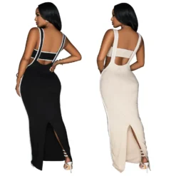 Women Sexy Backless Suspender Top And Long Dress Two-piece Set