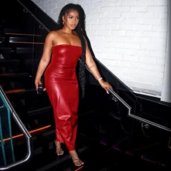 Women's Clothing Pu Leather Strapless Slit Long Dress -Deals Toggenix Store 3f58712f377e5455