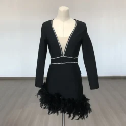 Women French V Neck Patchwork Diamond Long Sleeve Feather Bandage Dress -Deals Toggenix Store 3f644c7a82a5b3e4 1