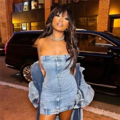 Summer Women Denim Strapless Slim Waist Slim Fit Sexy Bodycon Dress -Deals Toggenix Store 3f978b5c584e6fec