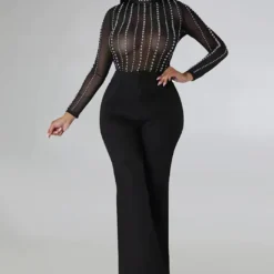Black Transparent Mesh Long-Sleeved Top Pants Sexy Nightclub Two-Piece Set