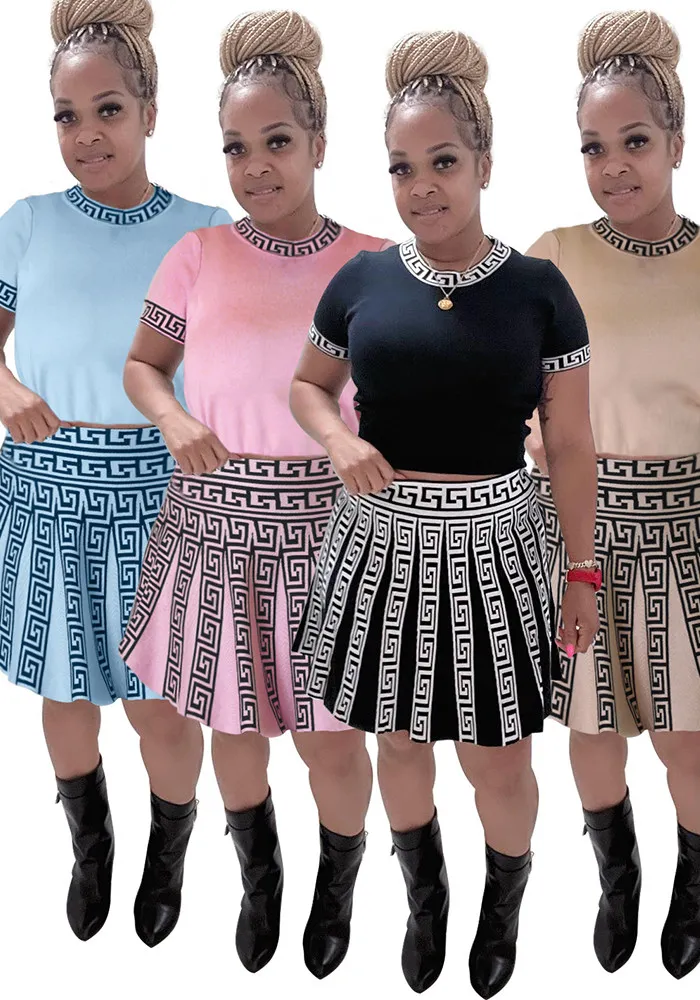 Women Round Neck Knitting Print Short-sleeved Top And Pleated Skirt Two-piece Set 6 Women Round Neck Knitting Print Short-sleeved Top And Pleated Skirt Two-piece Set - Image 6