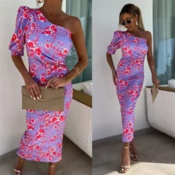 Women Summer Slash Shoulder Stretch Slit Printed Bodycon Dress -Deals Toggenix Store 42ec709516336cc7