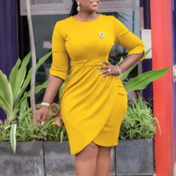 Plus Size Women Elegant Pleated Dress With Brooch -Deals Toggenix Store 438bf0a36c690d31