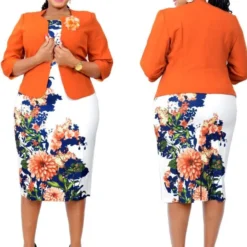 Autumn Orange Floral Print Mother Of The Bride Two Piece Dress