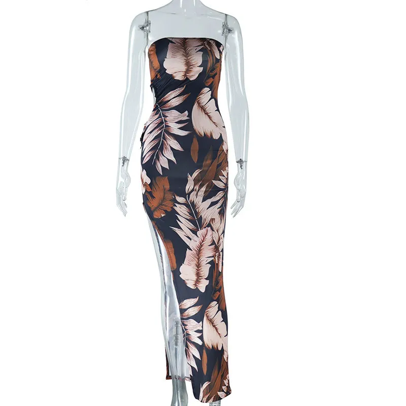 Women's Fashion Print Sexy Strapless Low Back Slit Dress 14 Women's Fashion Print Sexy Strapless Low Back Slit Dress - Image 14