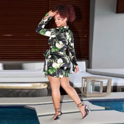 Women Printed V-neck Tie Waist Long Sleeve Irregular Dress -Deals Toggenix Store 44ed754233484de3