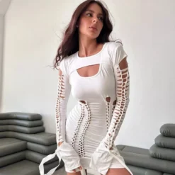 Women's Sexy Hollow Out Long Sleeve Lace-Up Bodycon Dress -Deals Toggenix Store 46047a0922bfac6b