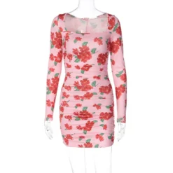 Flower Print Fashion Summer Women's Long Sleeve Square Neck Pleated Slim Bodycon Dress
