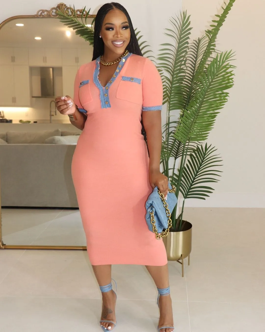 Women Short-sleeved Denim Patchwork Pocket Solid Dress 7 Women Short-sleeved Denim Patchwork Pocket Solid Dress - Image 7