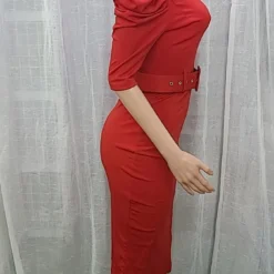 Women Clothes Slash Shoulder Metal Chain Strap Slit Office Dress With Belt -Deals Toggenix Store 47b6fd78f0936ffd