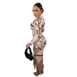 Women Letter Irregular Print Turndown Collar Long Sleeve Maxi Dress -Deals Toggenix Store 49294cf1afd560a7
