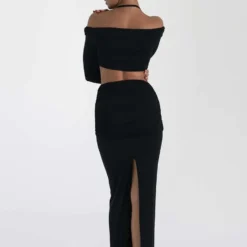 Fall Women Off Shoulder Halter Neck Long Sleeve Knot Crop Top+ Maxi Dress Two Piece -Deals Toggenix Store 495804bb02a60c9c